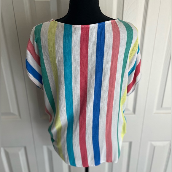 Luxology* Fun Multicolored Striped Color Block Tie Front Blouse || Size Medium - Picture 3 of 4
